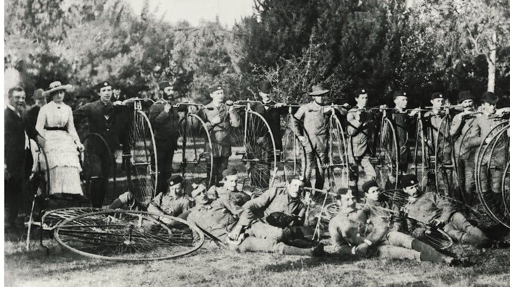 Members of the Ballarat Cycle Club pose in the Ballarat Botanical Gardens in 1883
