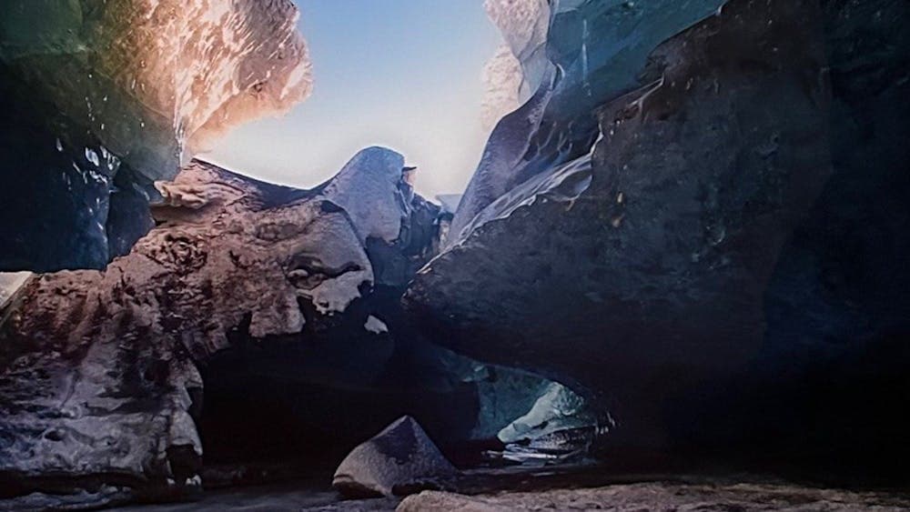 Colour photograph from the inside of an Ice Cave in Iceland