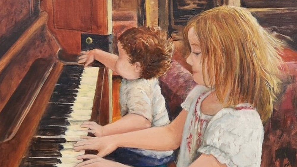 Painting of two children playing an upright piano
