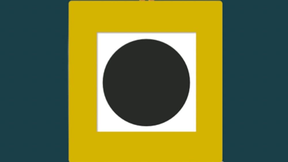 a yellow square containing a white square containing a black circle