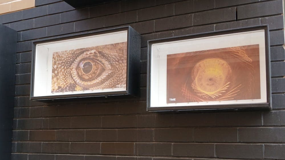 Two photographs displayed in an outdoor wall exhibition on a black wall.