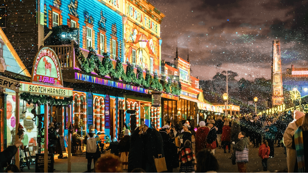 Sovereign Hill's buildings colourfully lit up