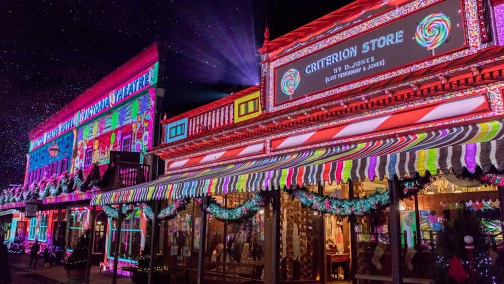 Sovereign Hill buildings colourfully lit up