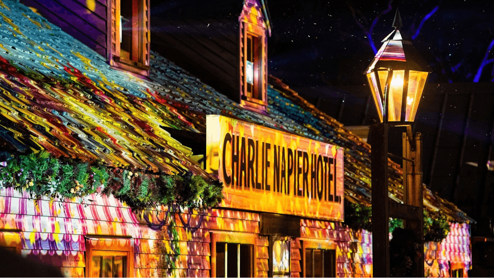 Sovereign Hill's buildings colourfully lit up
