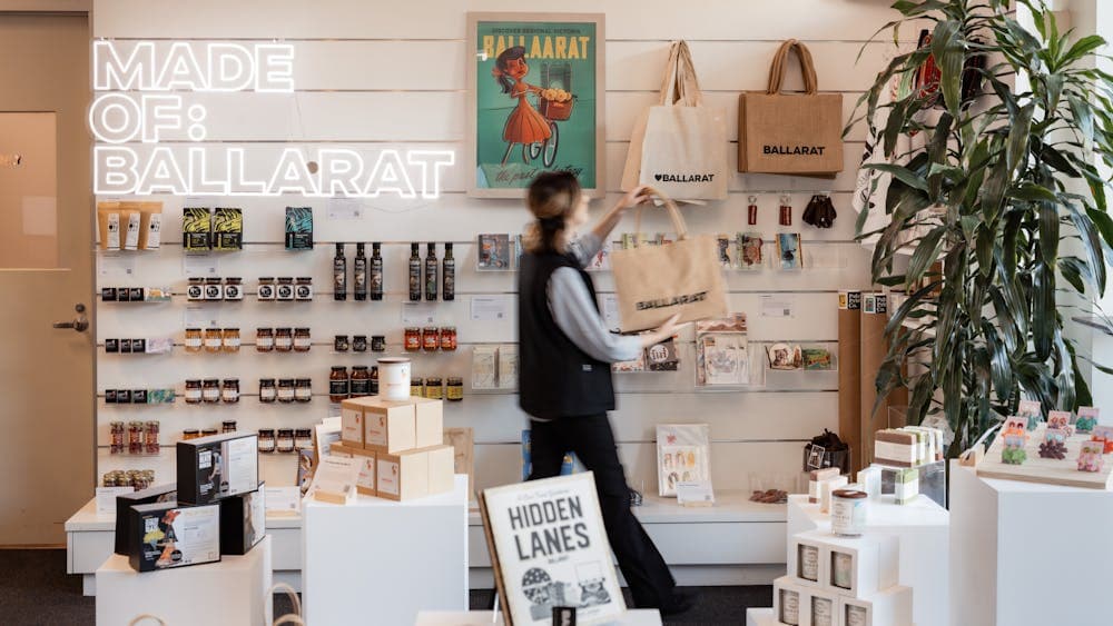 Kim is standing in the Made of Ballarat Shop