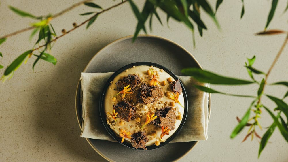 Chocolate crème anglaise, coffee cream, biscuit crumb