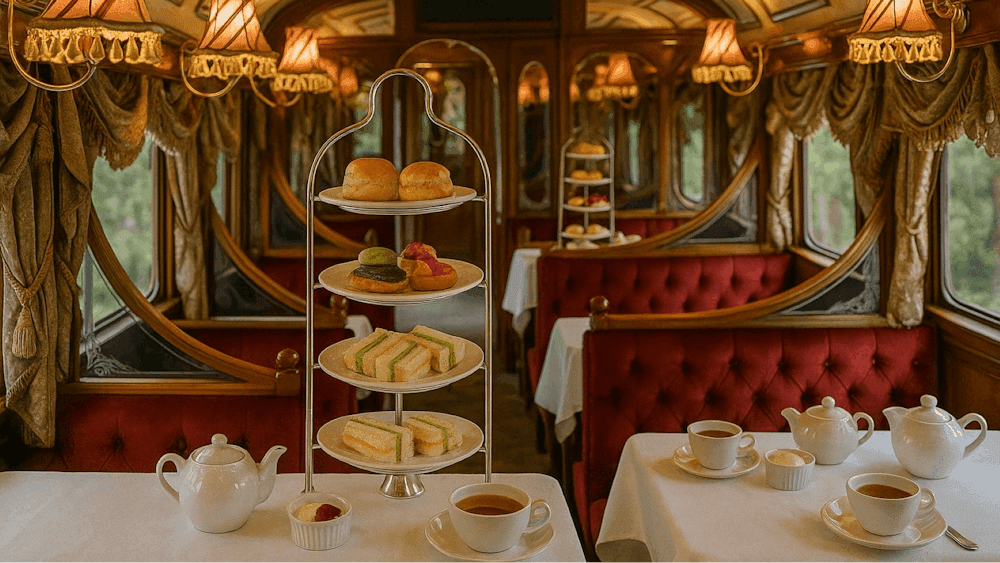 interior of a vintage train cart with red sofa booths and tables with tea pots, cups and a stand