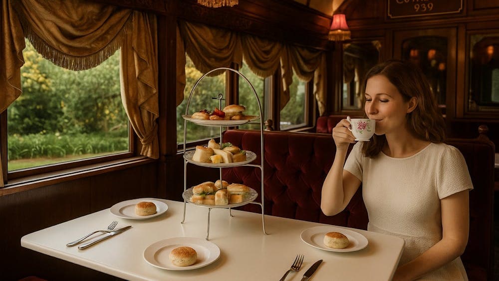 woman drinking from a cup while sitting at a table with a plat with a scone  inside a vintage train