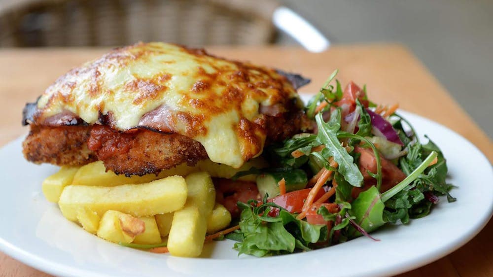 Parma, chip and salad at The George Hotel