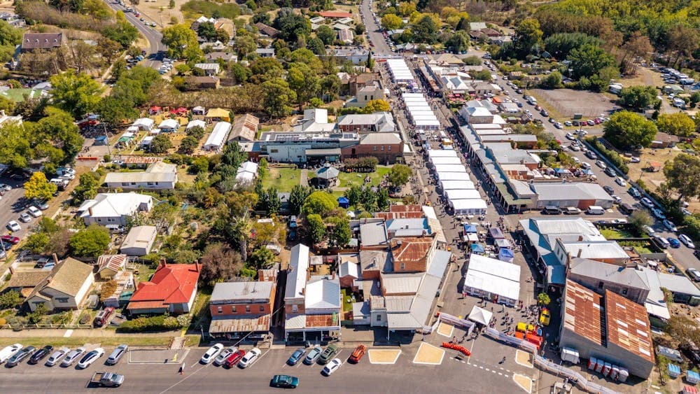 Aerial shot of the 2025 Clunes Booktown Festival precinct in the historic township of Clunes.