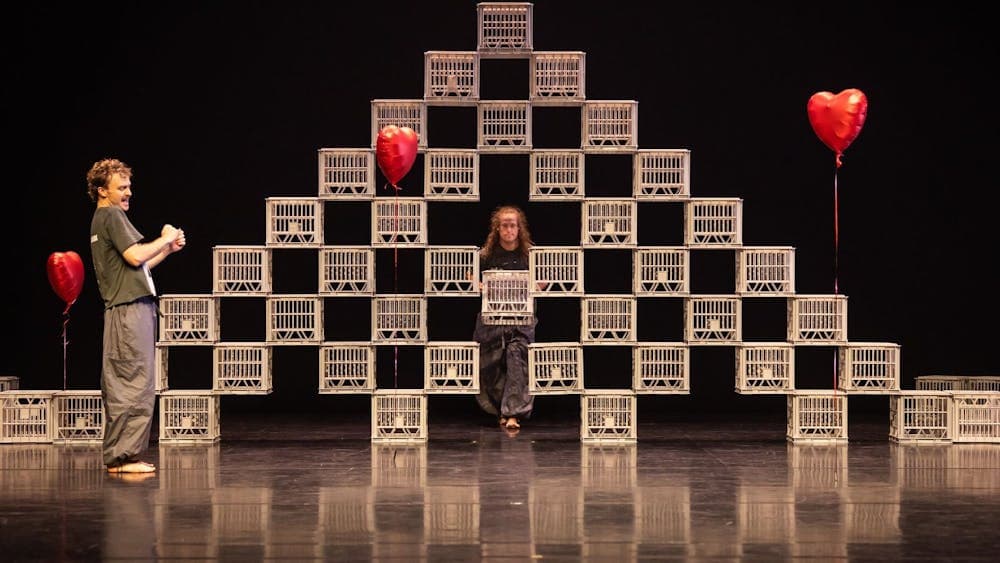 Set created from milk crates and heart-shaped balloons