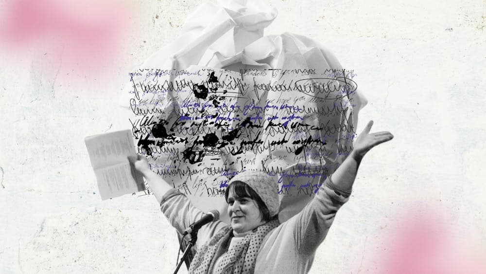 White & pink background. A ball of scrunched paper & scrawly writing.  A poet, arms raised at a mic.