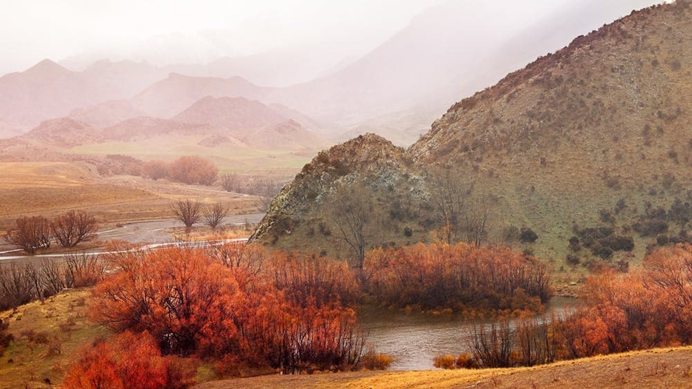 hills rain mist autumn lake peaceful