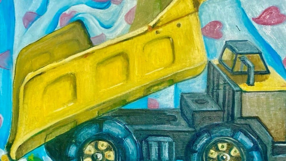 a painting of yellow dumprtruck