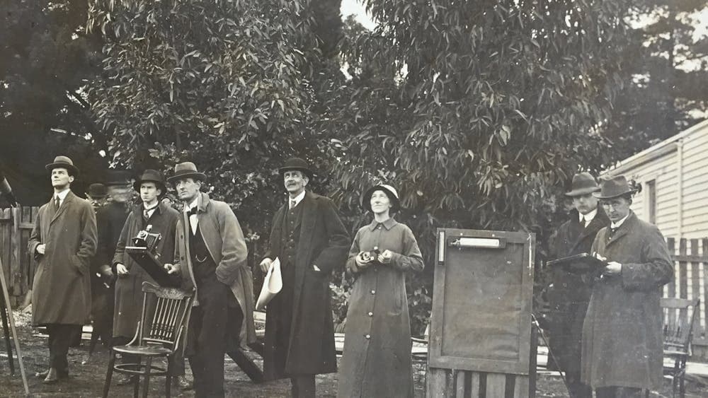Black and White Photo of Astronomers in Ballarat during eclipse