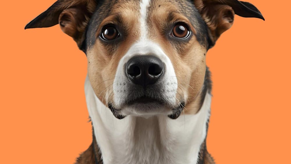 Photo of brown and white dog on orange background.