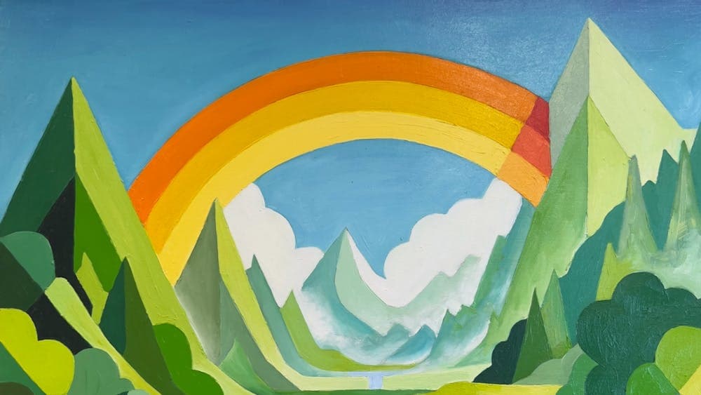 Landscape of a valley with trees and a river in shades of green and a rainbow above in the sky.