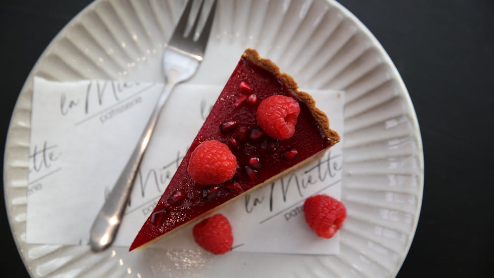 Seasonal pomegranate cream cheese custard tart slice