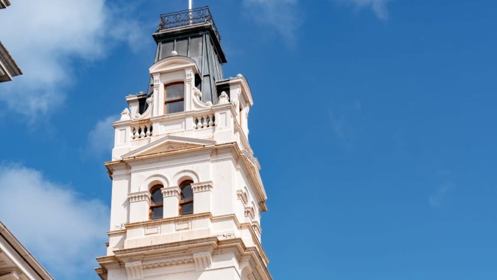 The clock tower at the Ballarat Town Hall