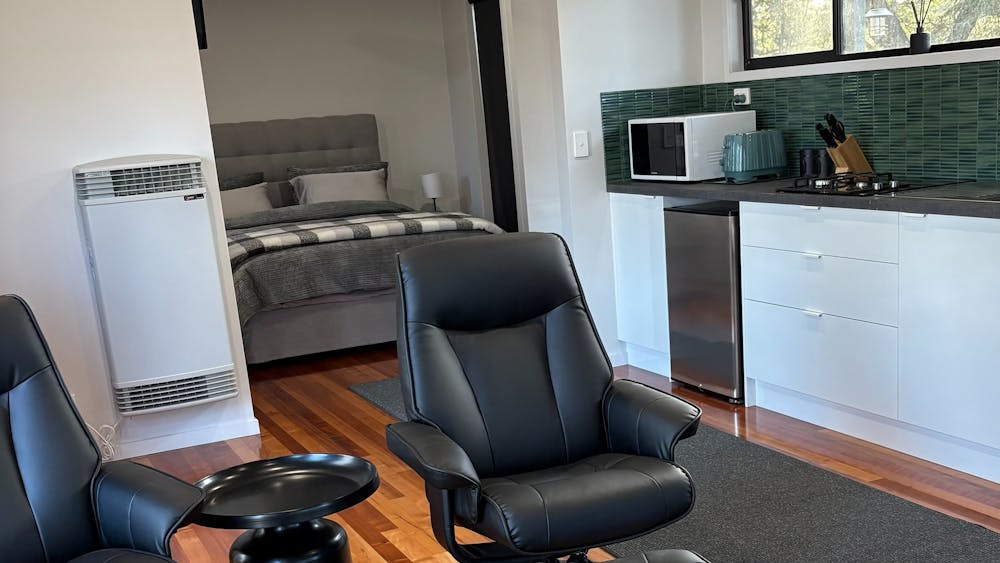 Inside the cabin showing kitchenette,  living area with two reclining chairs and queen size bed