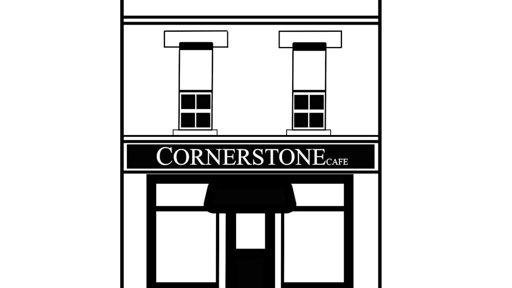 black and white drawing of cafe building
