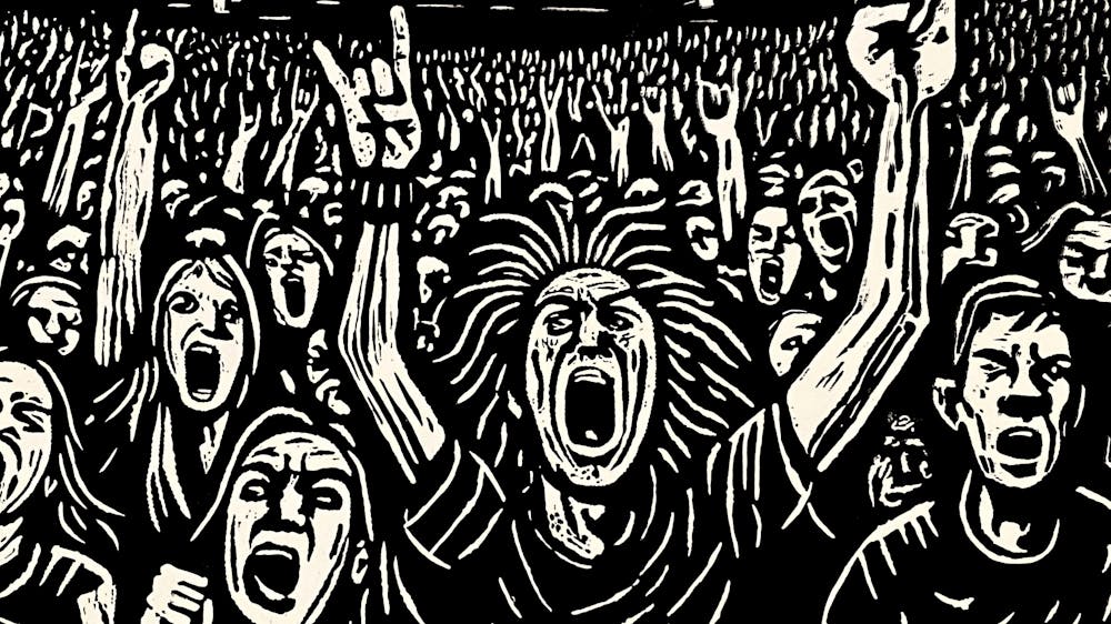 Black & White print of a crowd at a rock show.