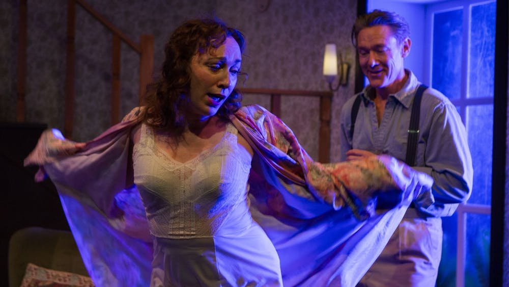 Nancy (Emily Goddard) in her underwear dancing around with Roo (Ben Prendergast)