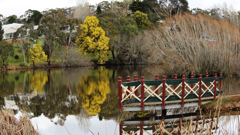 A view across the water of Lake Daylesford with trees bare of leaves and a jetty in the foreground