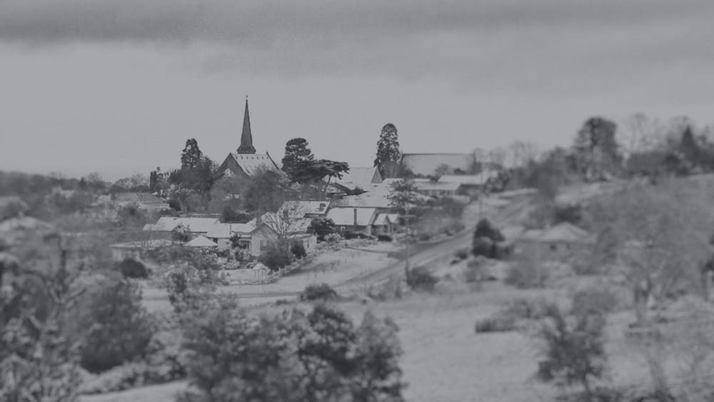 black and white image of wintery daylesford