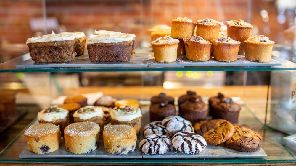 CAke display featuring house-made cakes and sweet treats at Webster's Market and Cafe.