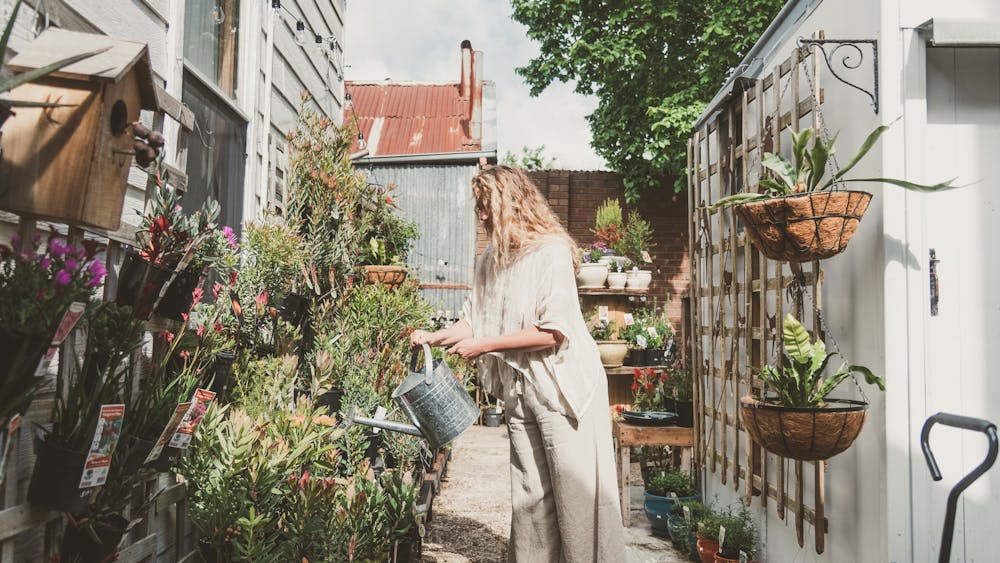 Woman wearing white linen outfit, watering plants with tin watering can in a plant nursery.