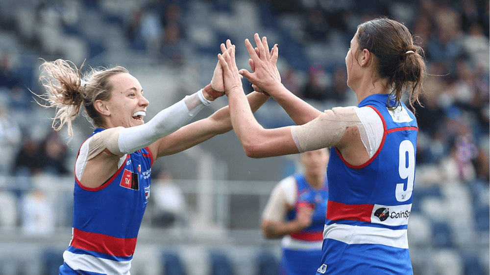 Western Bulldogs teammates celebrating.