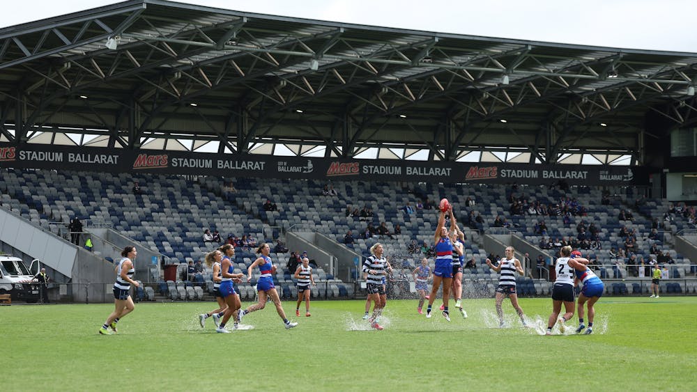 Wide shot of AFLW Match at Mars Stadium.