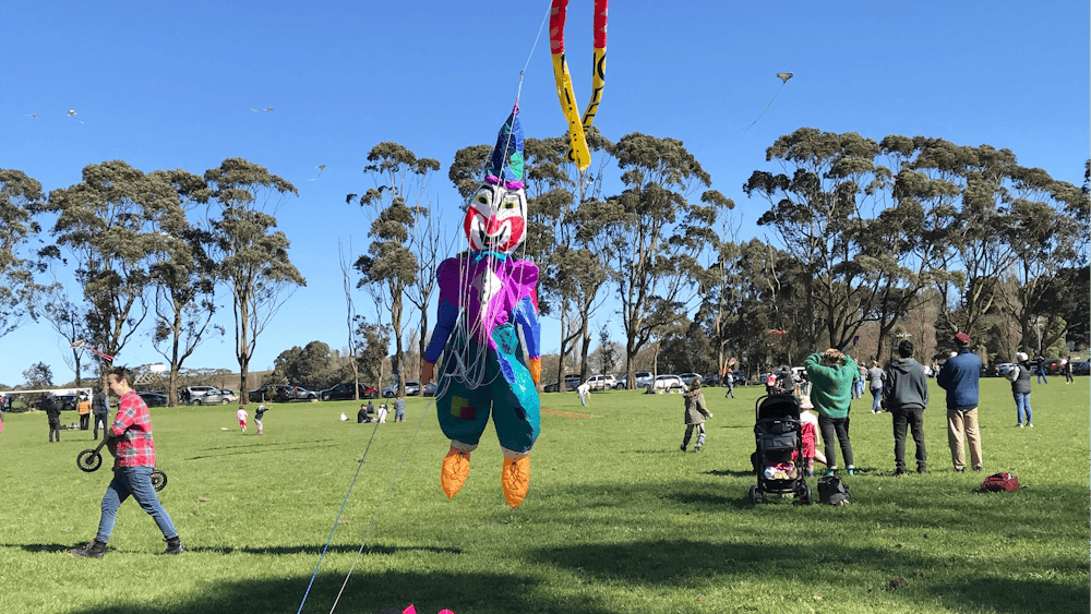 Colourful kites amongst a sea of spectators