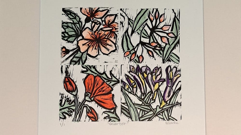blossom, gum, poppy and freesias watercoloured in some pastel shades and red with black block ink