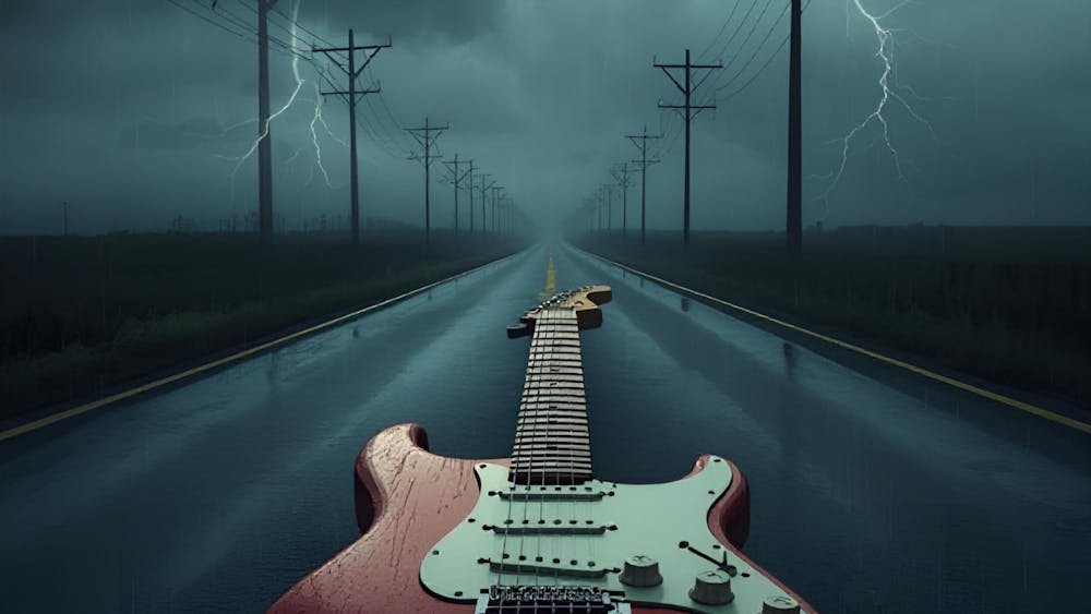artwork for tour, guitar, travelling down a highway with telegraph poles