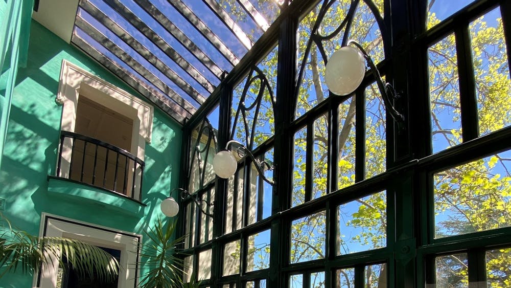 Glassed atrium windows of Bad Habits Café